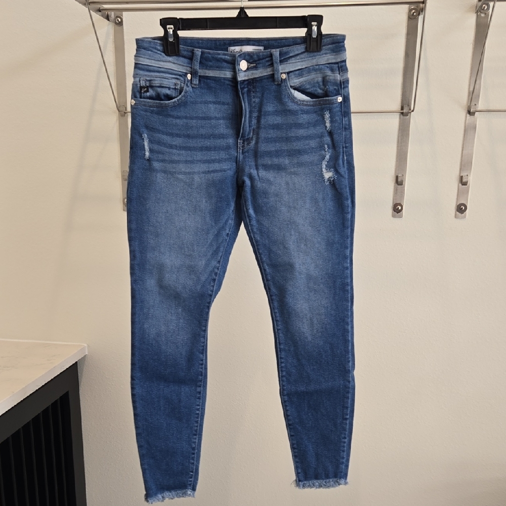 KanCan Blue Skinny Jeans with Frayed Hem and Light Distressing